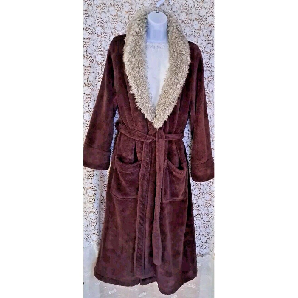 Berkshire Blanket Sherpa Robe Sm. Brown Pockets Tie Fur Shawl Collar 46" Length